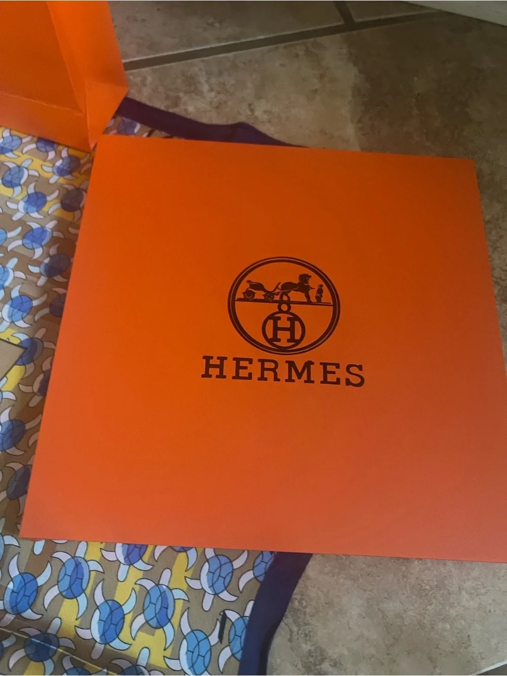 Hermès Yellow, Blue Scarf with Carriage Motif turtles 100% silk w/box bag tags